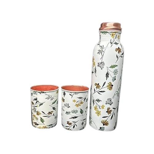 Anand Crafts Copper Water Bottle with Glass Set | Meena Work